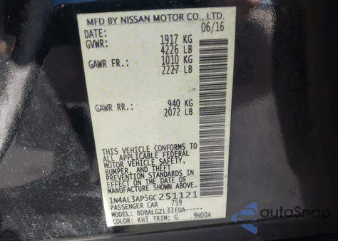 2016 Nissan Altima 2.5/2.5 S/2.5 Sl/2.5 Sr/2.5 Sv z USA, uszkodzony, nr VIN 1N4AL3AP5GC251121